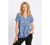 Kurzarmbluse CLASSIC BASICS, Damen, Gr. 42, jeansblau, ecru, bedruckt, 100% Polyester, geblümt, gemustert, mehrfarbig, V-Ausschnitt, Blusen (12224964-42) jeansblau, ecru, bedruckt