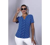 Kurzarmbluse CREATION L, Damen, Gr. 36, blau (royalblau, weiß, bedruckt), 95% Polyester, 5% Elasthan, bedruckt, gemustert, mehrfarbig, Rundhals, Blusen (36429023-36) royalblau, weiß, bedruckt