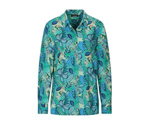 Kurzarmbluse GOLDNER "Blusenshirt mit floralem Print", Damen, Gr. 52, salbei, blau, gemustert, Obermaterial: 100% Viskose CV., figurumspielend, Blusen, figurschmeichelnde Schnittführung (81157616-52)