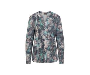 Kurzarmbluse GOLDNER "Elegantes Blusenshirt mit V-Ausschnitt", Damen, Gr. 42, grün (petrol, gemustert), Obermaterial: 95% Polyester PES. 5% Elasthan EL., Gummibündchen, Blusen, Schulterpasse mit Kräus