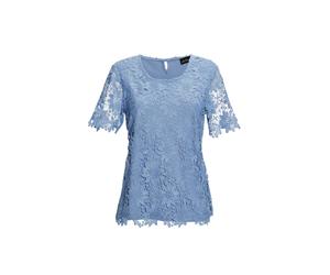 Kurzarmbluse GOLDNER "Festbluse mit floraler Spitze", Damen, Gr. 52, blau (regattablau), Obermaterial: 95% Polyester PES. 5% Elasthan EL., festlich, normal, Rundhals, Sonstiges, Blusen, Ohne (38375509