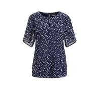 Kurzarmbluse GOLDNER "Kurzgröße Chiffonbluse Damen mit Tupfen-Alloverprint und Rundhalsausschnitt", Damen, Gr. 22, blau (marine, gemustert), Obermaterial: 100% Polyester PES., gerade, Gerade, Blusen, 