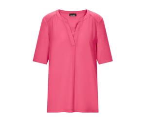Kurzarmbluse GOLDNER "Kurzgröße Chiffonbluse mit Jersey-Rückteil", Damen, Gr. 24, pink, Obermaterial: 95% Viskose CV. 5% Elasthan EL., figurumspielend, Blusen, Gekräuselte Schulterpartie (73930351-24)