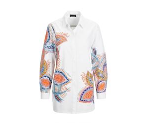 Kurzarmbluse GOLDNER "Kurzgröße Elegante Langarmbluse mit Print", Damen, Gr. 23, weiß (weiß, gemustert), Obermaterial: 97% Baumwolle CO. 3% Elasthan EL., gerade, Manschette, Blusen, Perlenstickerei (7