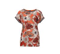 Kurzarmbluse GOLDNER "Kurzgröße Kurzarm Oberteil mit floralem Design", Damen, Gr. 22, orange (pfirsich, gemustert), Obermaterial: 100% Polyester PES., gerade, U-Boot-Ausschnitt, keine/nicht relevant,