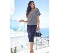 Kurzarmbluse HEINE, Damen, Gr. 38, schwarz-weiß (marine, ecru, gemustert), 98% Polyester, 2% metallisierte Fasern, gemustert, kariert, Rundhals, Blusen (83518339-38) marine, ecru, gemustert