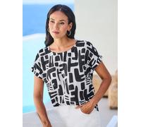 Kurzarmbluse HEINE, Damen, Gr. 44, schwarz, ecru, bedruckt, 100% Modal, bedruckt, gemustert, mehrfarbig, Rundhals, Blusen (43505344-44) schwarz, ecru, bedruckt