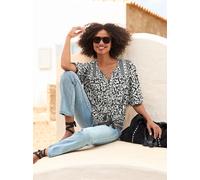 Kurzarmbluse HEINE, Damen, Gr. 48, beige (schwarz, beige, bedruckt), 100% Viskose, bedruckt, geblümt, gemustert, mehrfarbig, Rundhals, Blusen (94103236-48) schwarz, beige, bedruckt