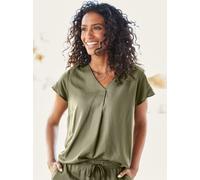 Kurzarmbluse HEINE, Damen, Gr. 50, grün (khaki), 55% Leinen, 45% Viskose, unifarben, V-Ausschnitt, Blusen (59956319-50) khaki