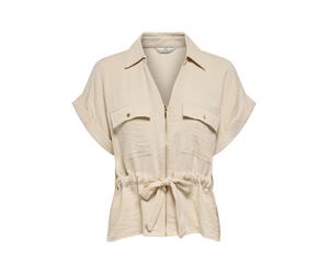 Kurzarmbluse JDY "JDYMILLE S/S ZIP SHIRT WVN NOOS", Damen, Gr. M, beige (sandshell), Web, Obermaterial: 70% Viskose, 30% Nylon, unifarben, normal, V-Ausschnitt, mit Aufschlag, Blusen (20507836-M) sand