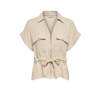 Kurzarmbluse JDY "JDYMILLE S/S ZIP SHIRT WVN NOOS", Damen, Gr. S, beige (sandshell), Web, Obermaterial: 70% Viskose, 30% Nylon, unifarben, normal, V-Ausschnitt, mit Aufschlag, Blusen (20507836-S) sand