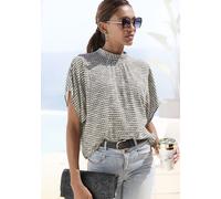 Kurzarmbluse LASCANA, Damen, Gr. 36, beige (creme, schwarz bedruckt), Web, Obermaterial: 100% Viskose, bedruckt, modisch, figurumspielend hüftlang, Kurzarm weit, Blusen, mit Alloverdruck, Damenbluse,