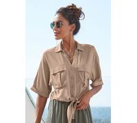 Kurzarmbluse LASCANA, Damen, Gr. 42, braun (camelfarben), Web, Obermaterial: 100% Viskose, unifarben, figurumspielend hüftlang, V-Ausschnitt, Aufschlag, Blusen, mit Knotendetail und Knopfleiste, Hemdk
