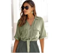 Kurzarmbluse LASCANA, Damen, Gr. 42, grün (lindgrün), Web, Obermaterial: 100% Viskose, unifarben, figurumspielend hüftlang, V-Ausschnitt, Aufschlag, Blusen, mit Knotendetail und Knopfleiste, Hemdkrage