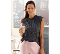 Kurzarmbluse LASCANA, Damen, Gr. 44, schwarz-weiß (schwarz, weiß, gepunktet), Web, Obermaterial: 100% Polyester, gepunktet, figurumspielend hüftlang, gekräuselter Ausschnitt, Blusen, mit Pünktchendruc