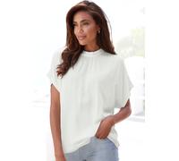 Kurzarmbluse LASCANA "mit schmalem Stehkragen und weiten Ärmeln", Damen, Gr. 48, beige (creme), Web, Obermaterial: 100% Viskose, unifarben, figurumspielend hüftlang, weit, Blusen, Blusenshirt mit weit