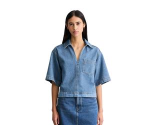 Kurzarmbluse MARC O'POLO DENIM "aus reinem Organic Cotton", Damen, Gr. XL, blau (medium blau), Obermaterial: 100% Baumwolle, unifarben, loose fit bauchfrei, V-Ausschnitt, normaler Saum, Blusen (969938