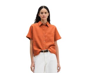 Kurzarmbluse MARC O'POLO "mit breiter Kellerfalten im Rücken", Damen, Gr. 32, orange (warm orange), Obermaterial: 100% Leinen, unifarben, regular fit normal, Blusen (85868569-32) warm orange