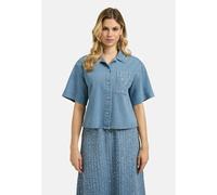 Kurzarmbluse MILANO ITALY, Damen, Gr. 44, blau (denim), Web, Material: 80% Baumwolle, 20% Polyester, unifarben, gerade kurz, hoch geschlossener Ausschnitt, eingesetzt gerader Abschluss, Blusen, mit Br