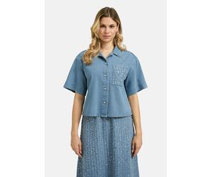 Kurzarmbluse MILANO ITALY, Damen, Gr. 44, blau (denim), Web, Material: 80% Baumwolle, 20% Polyester, unifarben, gerade kurz, hoch geschlossener Ausschnitt, eingesetzt gerader Abschluss, Blusen, mit Br