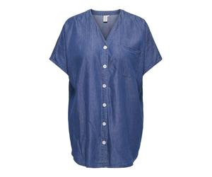 Kurzarmbluse ONLY CARMAKOMA "CARBEA S/S TUNIC DNM GUA", Damen, Gr. 46, medium blau denim, Web, Obermaterial: 65% Baumwolle, 35% Lyocell, unifarben, loose fit Po-bedeckend, V-Ausschnitt, Blusen (338516