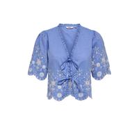 Kurzarmbluse ONLY "ONLMIFFY S/S EMB TIE TOP NOOS WVN", Damen, Gr. XL, medium blau denim, Web, Obermaterial: 100% Baumwolle, unifarben mit Farbeinsatz, regular fit normal, V-Ausschnitt, Blusen, Baumwol