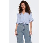 Kurzarmbluse ONLY "ONLPAULA LIFE S/S TIE SHIRT WVN NOOS", Damen, Gr. M, blau (cloud dancer stripes:blau stripes), Web, Obermaterial: 100% Viskose, gestreift, regular fit normal, V-Ausschnitt, Blusen,