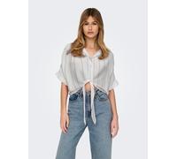Kurzarmbluse ONLY "ONLPAULA LIFE S/S TIE SHIRT WVN NOOS", Damen, Gr. S, cloud dancer stripes:wide blau bonnet stripe, Web, Obermaterial: 100% Viskose, gestreift, regular fit normal, V-Ausschnitt, Blus