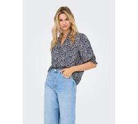 Kurzarmbluse ONLY "ONLRAYA 3/4 SHIRT WVN NOOS", Damen, Gr. S, blau (night sky aop:adena graphic), Web, Obermaterial: 100% Viskose, bedruckt, lässig geschnitten normal, V-Ausschnitt, gesmokt, Blusen, V