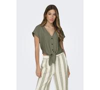 Kurzarmbluse ONLY "ONLSIESTA SS KNOT LIN BL SHIRT PNT NOOS", Damen, Gr. L, deep lichen grün, Web, Obermaterial: 80% Viskose, 20% Leinen, unifarben, regular fit kurz, V-Ausschnitt, Blusen Kurzarmbluse,
