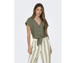 Kurzarmbluse ONLY "ONLSIESTA SS KNOT LIN BL SHIRT PNT NOOS", Damen, Gr. L, deep lichen grün, Web, Obermaterial: 80% Viskose, 20% Leinen, unifarben, regular fit kurz, V-Ausschnitt, Blusen, Viskosemisch