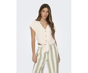 Kurzarmbluse ONLY "ONLSIESTA SS KNOT LIN BL SHIRT PNT NOOS", Damen, Gr. M, buttercream, Web, Obermaterial: 80% Viskose, 20% Leinen, unifarben, regular fit kurz, V-Ausschnitt, Blusen, Viskosemischung, 