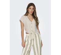 Kurzarmbluse ONLY "ONLSIESTA SS KNOT LIN BL SHIRT PNT NOOS", Damen, Gr. XL, gelb (moonbeam), Web, Obermaterial: 80% Viskose, 20% Leinen, unifarben, regular fit kurz, V-Ausschnitt, Blusen, Viskosemisch