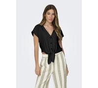 Kurzarmbluse ONLY "ONLSIESTA SS KNOT LIN BL SHIRT PNT NOOS", Damen, Gr. XL, schwarz, Web, Obermaterial: 80% Viskose, 20% Leinen, unifarben, regular fit kurz, V-Ausschnitt, Blusen, Viskosemischung, reg