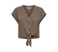 Kurzarmbluse ONLY "ONLSIESTA SS KNOT LIN BL SHIRT PNT NOOS", Damen, Gr. XS, walnut, Web, Obermaterial: 80% Viskose, 20% Leinen, unifarben, regular fit kurz, V-Ausschnitt, Blusen Kurzarmbluse, Viskosem