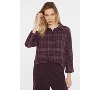 Kurzarmbluse SENSES.THE LABEL, Damen, Gr. XS, lila (deep plum), Material: 56% Viskose, 44% Baumwolle, kariert, relaxed fit normal, hoch geschlossener Ausschnitt, Ärmel mit Ärmelschlitz 1-Knopf-Mansche