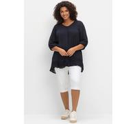 Kurzarmbluse SHEEGO, Damen, Gr. 42, blau (tiefblau), 100% Viskose, unifarben, V-Ausschnitt, Blusen (76347765-42) tiefblau