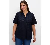 Kurzarmbluse SHEEGO, Damen, Gr. 54, blau (tiefblau), 100% Baumwolle, unifarben, V-Ausschnitt, Blusen (36578723-54) tiefblau