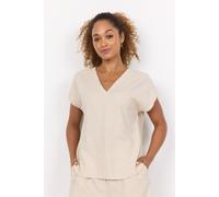Kurzarmbluse SOYACONCEPT "SC-INA 51", Damen, Gr. XL, sand, Web, Obermaterial: 55% Leinen, 45% Viskose, unifarben, normal, V-Ausschnitt, Blusen, Viskosemischung mit Leinen (15621527-XL) sand