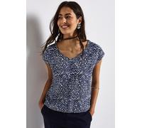 Kurzarmbluse STREET ONE, Damen, Gr. 34, blau (tiefblau), Stoff, 100% Viskose, gemustert, klassisch normal, V-Ausschnitt, Bündchen, Blusen, mit Elastiksaum (84558023-34) tiefblau