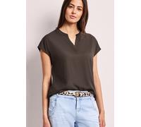 Kurzarmbluse STREET ONE, Damen, Gr. 34, espresso braun, Stoff, 100% Viskose, unifarben, normal normal, Rundhals, abgesteppt, Blusen, mit geschlitztem Rundhalsausschnitt (53482817-34) espresso braun