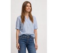 Kurzarmbluse STREET ONE, Damen, Gr. 36, original blau, Web, Obermaterial: 100% Baumwolle, unifarben, bequem hüftbedeckend, V-Ausschnitt, Bündchen, Blusen, Chambray Bluse mit Splitneck und Elastiksaum