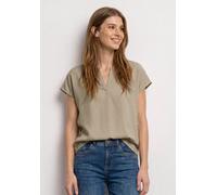 Kurzarmbluse STREET ONE, Damen, Gr. 36, timeless beige, Stoff, 100% Viskose, unifarben, normal normal, Rundhals, abgesteppt, Blusen, mit geschlitztem Rundhalsausschnitt (93657457-36) timeless beige