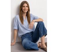 Kurzarmbluse STREET ONE, Damen, Gr. 38, original blau, Web, Obermaterial: 100% Baumwolle, unifarben, bequem hüftbedeckend, V-Ausschnitt, Bündchen, Blusen, Chambray Bluse mit Splitneck und Elastiksaum