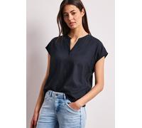 Kurzarmbluse STREET ONE, Damen, Gr. 38, shadowed navy, Stoff, 100% Viskose, unifarben, normal normal, Rundhals, abgesteppt, Blusen, mit geschlitztem Rundhalsausschnitt (88173435-38) shadowed navy