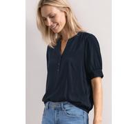 Kurzarmbluse STREET ONE, Damen, Gr. 40, blau (schwarzest blau), Web, Obermaterial: 100% Viskose, unifarben, lässig geschnitten hüftbedeckend, V-Ausschnitt, Bündchen, Blusen, Kurze Sommerbluse mit Spli