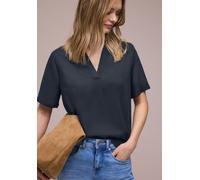 Kurzarmbluse STREET ONE, Damen, Gr. 40, shadowed navy, Stoff, 100% Viskose, unifarben, normal normal, Rundhals, Bündchen, Blusen, mit geschlitztem Rundhalsausschnitt (51673613-40) shadowed navy