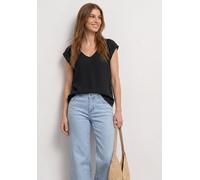 Kurzarmbluse STREET ONE, Damen, Gr. 44, schwarz, Web, Obermaterial: 100% Viskose, unifarben, normal hüftbedeckend, Rundhals, abgesteppte Kante, Blusen, Sommershirt mit Häkel/Tape-Details und V-Neck (5