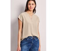 Kurzarmbluse STREET ONE, Damen, Gr. 46, cotton beige, Stoff, 100% Viskose, unifarben, normal normal, Rundhals, abgesteppt, Blusen, mit geschlitztem Rundhalsausschnitt (38464039-46) cotton beige