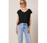 Kurzarmbluse STREET ONE STUDIO, Damen, Gr. 36, schwarz, Stoff, 100% Viskose, unifarben, normal normal, V-Ausschnitt, abgesteppt, Blusen, aus softer Viskose (15390721-36) schwarz